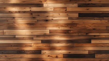 Poster - Wooden parquet flooring texture in warm tones with natural lighting highlights showcasing intricate grain patterns and design variations.