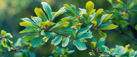 Poster - Vibrant Rowan Leaves Flourishing in Nature with Lush Green Color and Ample Space for Text Overlay in a Serene Environment