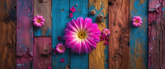 Poster - Vibrantly colored wooden wall texture adorned with pink flowers creating a lively and artistic backdrop for creative projects.