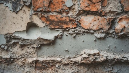 Wall Mural - Weathered cement texture showcasing brick and mortar layers on an aged wall surface with peeling and rough characteristics.