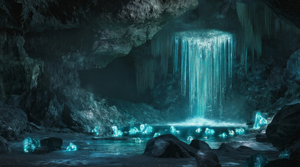 Poster - A secret cave filled with glowing crystals and an underground waterfall