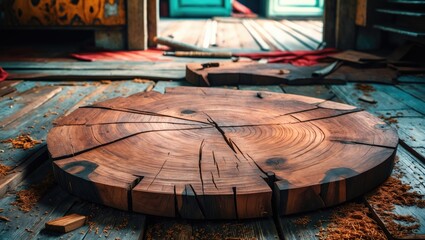 Wall Mural - Teak wood slab resting on an old wooden floor with shavings, showcasing natural textures and artisanal craftsmanship in warm lighting.