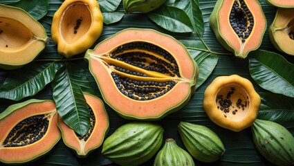 Canvas Print - Papaya Fruit and Leaves Composition with Fresh Greenery on Dark Background