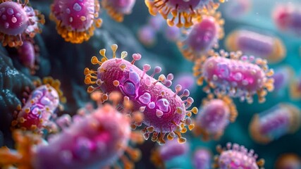Poster - Virus Cells under microscope, Microbiome and Bacteria illness, Protein structure, Microbiology Infectious Disease, disease, infection, influenza epidemiology, HIV HPV
