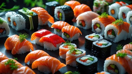 Poster - Delicious assortment of colorful sushi including salmon, tuna, and vegetable rolls artfully arranged on a dark surface garnished with herbs.