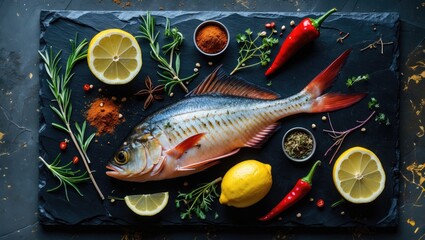 Poster - Fresh Dorado Fish Surrounded by Spices Herbs Lemon and Red Peppers on Slate Board Ready for Cooking Top View Culinary Background