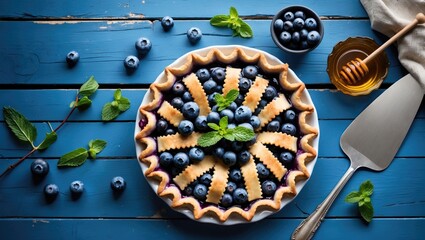 Canvas Print - Homemade Blueberry Pie with Fresh Berries and Mint on Blue Wooden Table Served with Honey and Cake Server in Flat Lay Composition