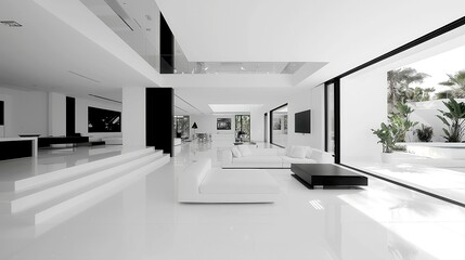 Poster - Modern High-Contrast Living Room, bold black-and-white decor, clean lines, dramatic lighting, striking aesthetic, spacious layout, contemporary design elements, inviting atmosphere