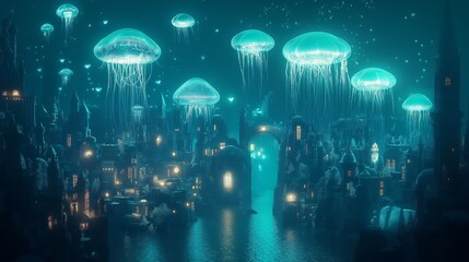 Sticker - A serene underwater city illuminated by bioluminescent jellyfish