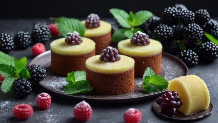 Canvas Print - Delicious Mini Cakes Topped With Black Mulberries And Mint Leaves Surrounded By Fresh Berries And An Elegant Dark Background