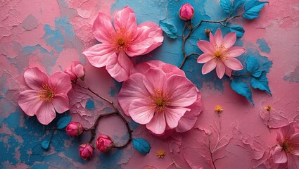 Wall Mural - Vibrant floral arrangement with pink and blue hues on textured background creating a visually striking and artistic composition.