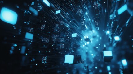 Poster - Blue digital cubes exploding; data stream; futuristic background; tech concept