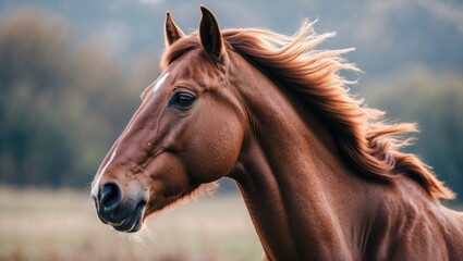 Wall Mural - majestic horse profile with flowing mane against natural background in soft evening light