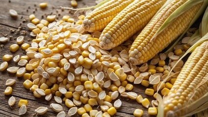 Wall Mural - Texture of raw corn seeds and cobs displayed on a rustic wooden surface showcasing agricultural produce and natural food industry themes