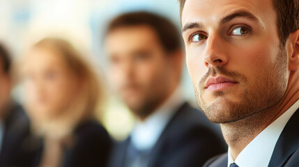 focused business professional in meeting with colleagues in background