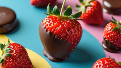 Canvas Print - Delicious Chocolate Covered Strawberry Arranged Artistically On Colorful Background