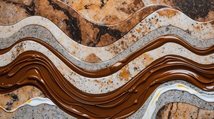 Wall Mural - abstract granite texture with acrylic paint waves showcasing rich brown and cream colors, perfect fo