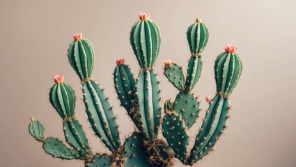 Poster - Cactus Plant With Flowers Against Light Pastel Background Showcasing Natural Beauty And Design Elements With Copy Space For Text