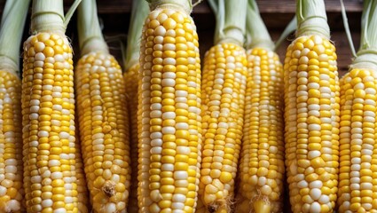 Canvas Print - Freshly harvested yellow corn on the cob arranged for a vibrant agricultural background showcasing natural textures and colors.