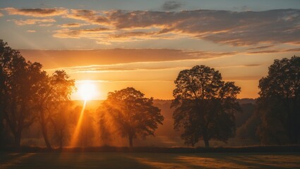 Wall Mural - Tranquil sunset landscape with silhouetted trees, golden sun rays, and soft clouds creating a serene atmosphere with space for text.