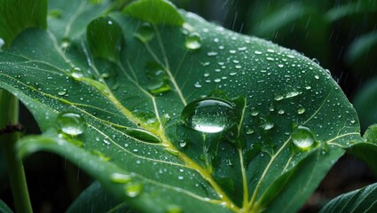 Wall Mural - water droplets glistening on a vibrant green taro leaf in a lush garden setting showcasing nature's 