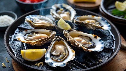 Poster - Grilled Garlic Oysters with Lemon Garnish on Cast Iron Plate Fresh Seafood Dish with Smoky Aroma and Empty Copy Space for Text