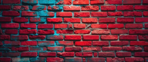 Fototapete - Vibrant red brick wall with subtle blue highlights perfect for textured backgrounds in design and architecture projects.