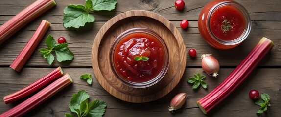 Canvas Print - Rhubarb Sauce with Fresh Ingredients in Wooden Bowl Surrounded by Chopped Rhubarb and Herbs on Rustic Table Flat Lay Composition