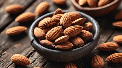 Wall Mural - Close up of whole almonds in a rustic wooden bowl on a weathered table showcasing natural texture and detail of nuts in soft lighting