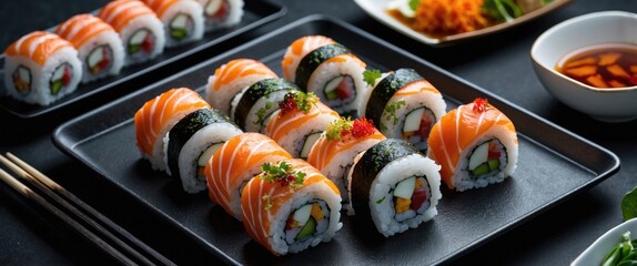 Poster - Sushi Rolls Artfully Plated on Black Tray with Room for Text and Accompaniments in Background for Culinary Promotions