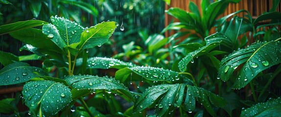 Wall Mural - raindrops glistening on lush green leaves in a tranquil garden setting, highlighting the beauty of n