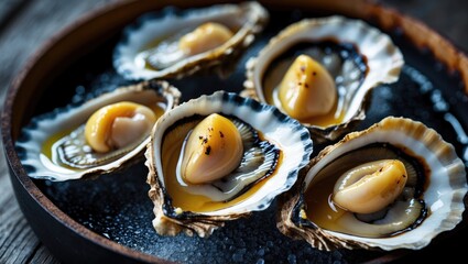 Poster - Succulent Charcoal-Grilled Garlic Oysters Served on a Rustic Wooden Plate with Space for Text or Branding in Gourmet Food Presentation