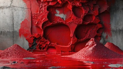 Poster - Vibrant red abstract textured wall with valleys and peaks showcasing dynamic surface patterns and depth for artistic backdrops or designs