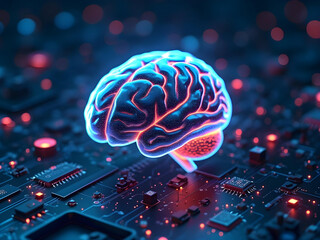 Poster - National Ai Day, A glowing blue brain with circuit patterns on a dark background with abstract lights, symbolizing artificial intelligence and neural networks