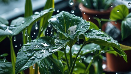 Poster - Fresh water droplets glistening on vibrant green plant leaves in a natural setting illuminated by soft light