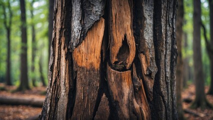 Poster - Detailed close-up of weathered wood texture on a forest tree trunk surrounded by greenery and fallen leaves in a serene woodland setting.