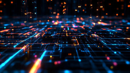 Fototapete - Abstract digital network technology background with bright blue and orange lines data neon cyber