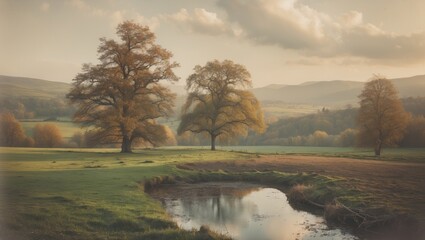 Poster - Autumn Landscape with Tranquil Stream and Lush Green Meadow under Soft Light