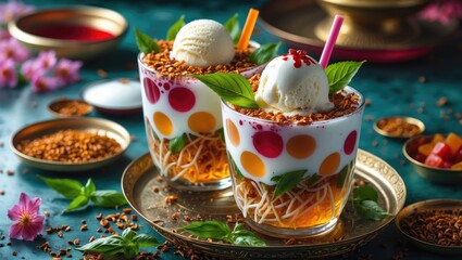 Poster - Colorful Falooda Dessert with Vermicelli, Jelly, Basil Seeds, Topped with Ice Cream, Served on a Golden Platter with Decorative Ingredients.