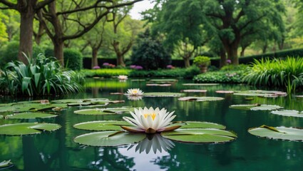 Poster - Serene Water Lily Blooming on Tranquil Pond Surrounded by Lush Greenery in Arboretum Setting