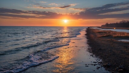 Poster - Serene Sunset Over Tranquil Waters with a Sandy Shore and Reflective Pathway Ideal for Copy Space and Relaxation Themes