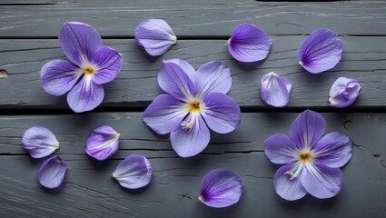 Poster - Violet flower petals scattered on rustic gray wood surface with space for text or branding in natural and elegant setting.