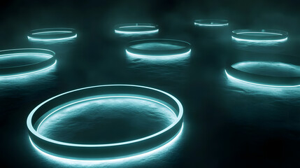Poster - Floating economy rings illuminating global financial connections abstract digital art dark environment futuristic viewpoint