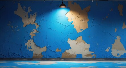 Poster - Vintage blue textured wall background with illuminated surface and artistic plaster for design and decor purposes. Abstract wall decor concept.