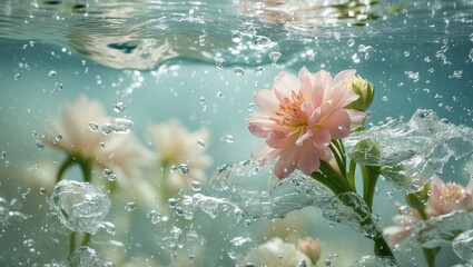 Poster - Underwater flower composition with soft pink petals surrounded by bubbles and a serene water background for a fresh and tranquil aesthetic.