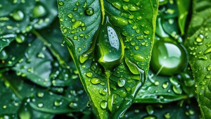 Poster - Water droplets glistening on vibrant green leaves in a close-up nature background showcasing freshness and vitality.