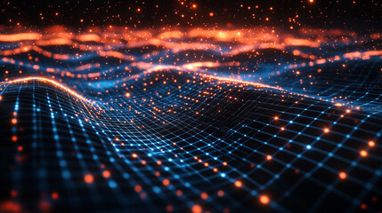 Fototapete - Abstract digital wave background with glowing blue and orange particles 3d data grid mesh light cyber