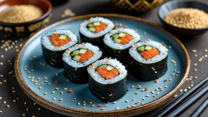 Wall Mural - Sushi Rolls with Fresh Ingredients on a Blue Plate Surrounded by Sesame Seeds and Copy Space for Culinary Promotions