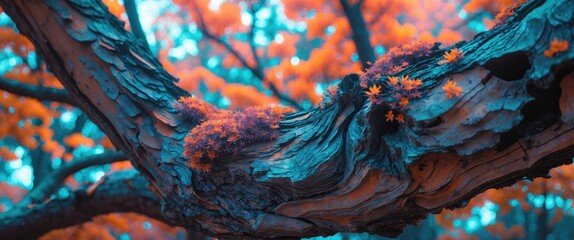 Poster - Vibrant autumn foliage contrasts with weathered tree bark showcasing nature's beauty in a captivating landscape photograph.