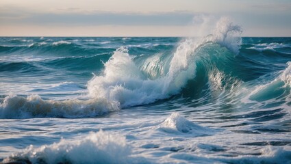 Poster - Dynamic Ocean Waves Crashing on Shore with Turquoise Tones and White Foam Under a Clear Sky at Dusk